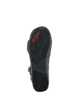 Alpinestars SP-X BOA® Boots, Black motorcycle boots, detailed view of the rubber sole featuring textured grip patterns, red Alpinestars logo, and asymmetric heel design for walking stability.