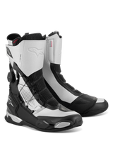 Alpinestars SP-X BOA Boots, mid-height motorcycle sport touring boots, Black and Silver, featuring the side BOA Fit System dial, Rideknit mesh panels, and TPU heel and toe protection, sleek athletic design with Alpinestars logos
