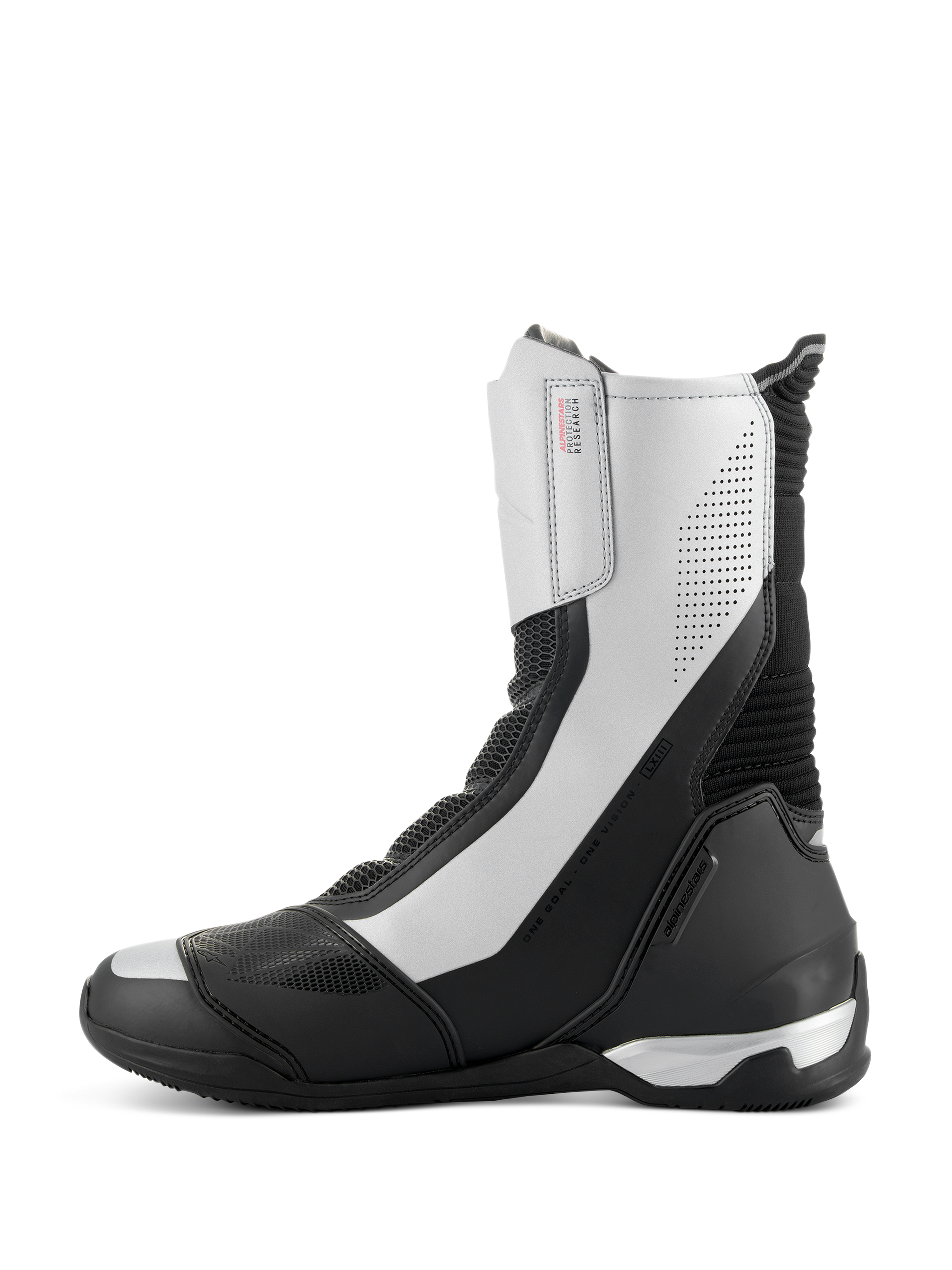 Alpinestars SP-X BOA Boots, mid-height sport motorcycle boots, Black and Silver, sleek side profile featuring silver panels with perforated details, black TPU heel counter, and Alpinestars branding.