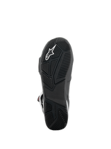 Alpinestars SP-X BOA® Boots, Sole View, Black, featuring textured rubber outsole with white star logo, asymmetric heel design for stability, and specialized tread patterns for peg grip.
