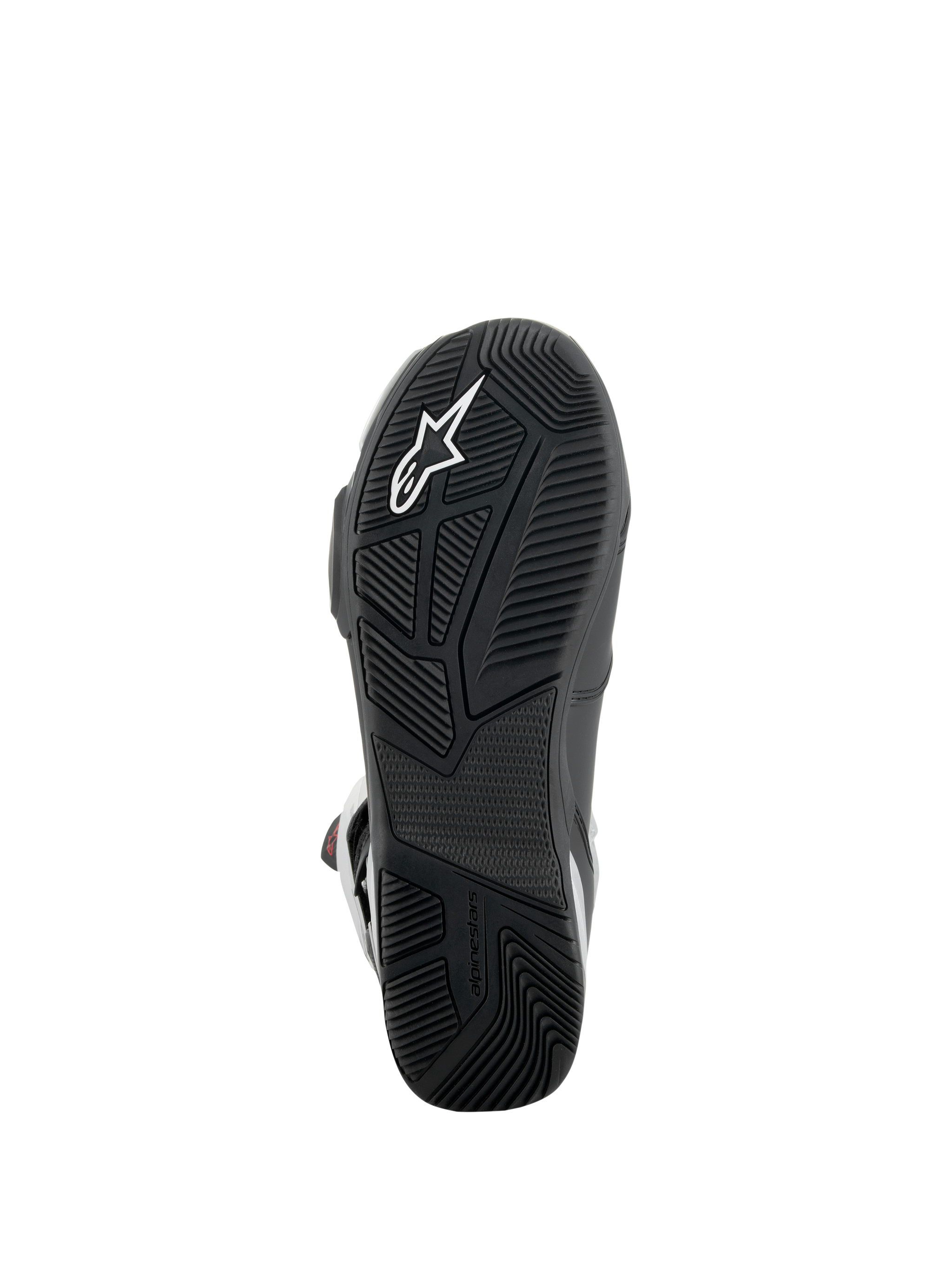 Alpinestars SP-X BOA® Boots, Sole View, Black, featuring textured rubber outsole with white star logo, asymmetric heel design for stability, and specialized tread patterns for peg grip.