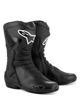 Alpinestars SMX-6 V3 Boots, Performance Motorcycle Riding Boots, Black, featuring TPU shin and ankle protection, flexible mesh panels, ergonomic design for sport and track riding, white Alpinestars logo on shin