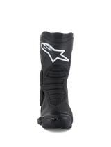 Alpinestars SMX-6 V3 Boots, Black, performance motorcycle riding boots, front view featuring a prominent white Astar logo on the shin, textured front flex zones, and sleek TPU protective elements.
