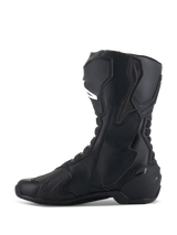 Alpinestars SMX-6 V3 Boots, Black, Performance motorcycle riding boot, side profile showing TPU shin guard and biomechanical ankle brace, microfiber construction with streamlined racing design