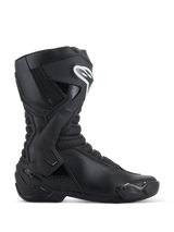 Alpinestars SMX-6 V3 Boots, Black Motorcycle Racing Boots, side profile view, microfiber upper with TPU lateral ankle brace and shin protection, white Alpinestars logo on shin, replaceable toe slider, performance sport riding footwear