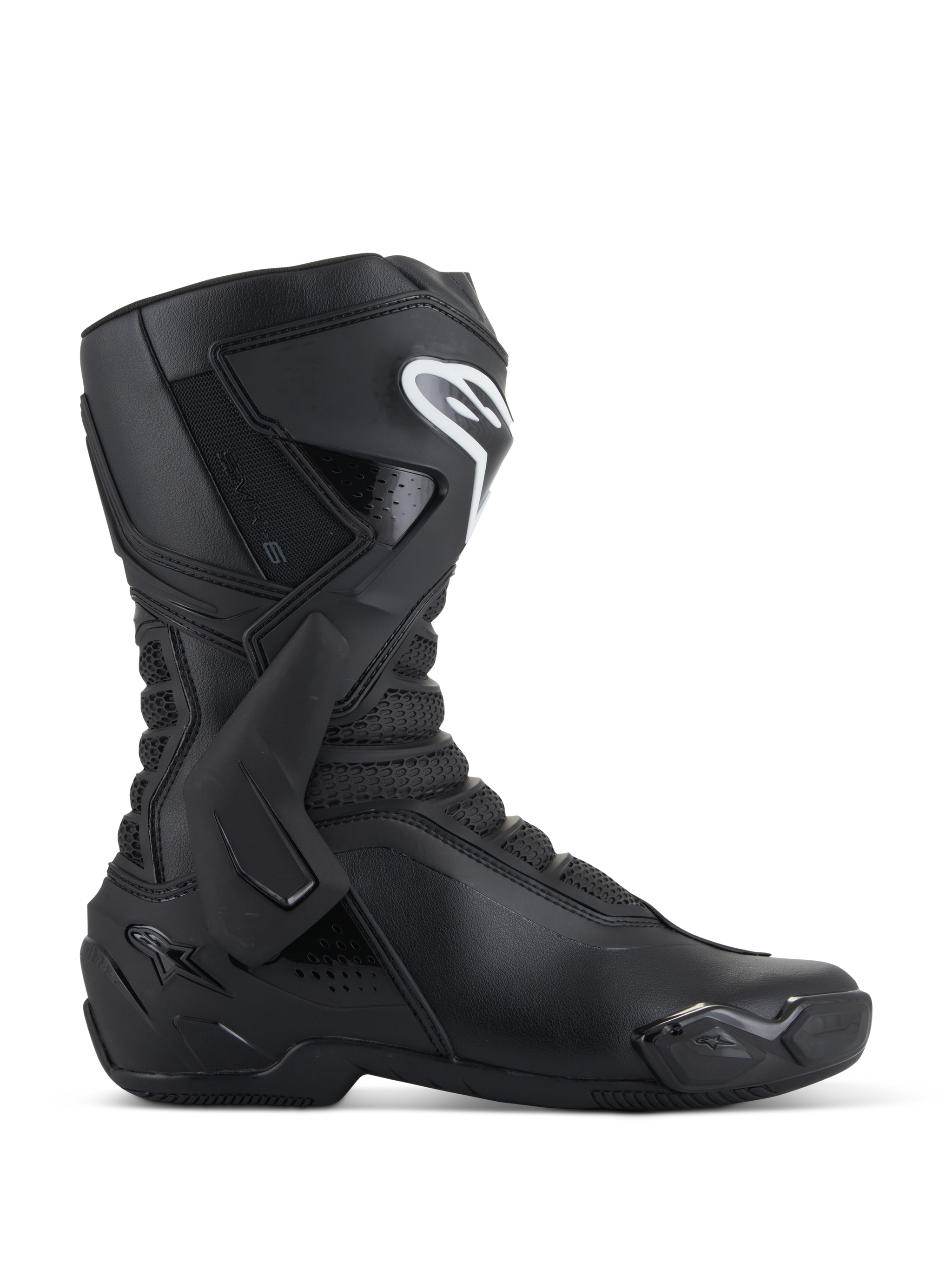 Alpinestars SMX-6 V3 Boots, Black Motorcycle Racing Boots, side profile view, microfiber upper with TPU lateral ankle brace and shin protection, white Alpinestars logo on shin, replaceable toe slider, performance sport riding footwear