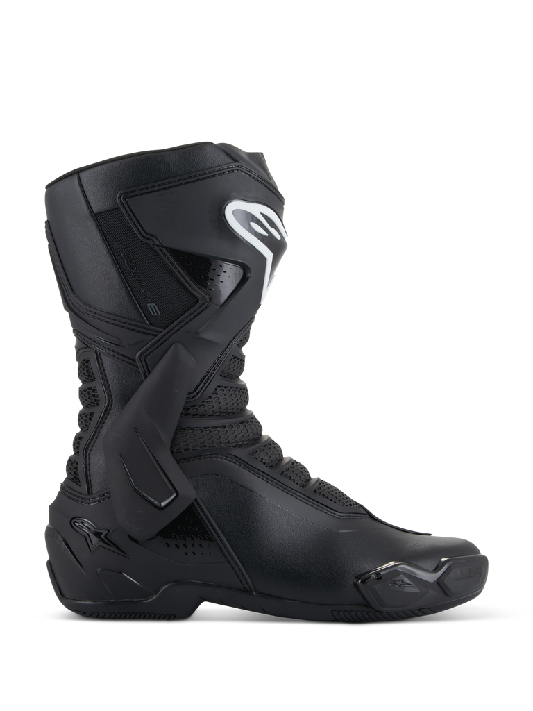 Alpinestars SMX-6 V3 Boots, Black Motorcycle Racing Boots, side profile view, microfiber upper with TPU lateral ankle brace and shin protection, white Alpinestars logo on shin, replaceable toe slider, performance sport riding footwear