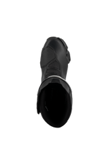 Alpinestars SMX-6 V3 Boots, Black, top-down view showing the interior opening and upper construction, performance motorcycle footwear featuring microfiber materials and mesh flex zones