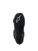 Alpinestars SMX-6 V3 Boots, Black, Bottom view of the lightweight rubber sole, featuring a textured grip pattern, white Astar logo, and embossed Alpinestars branding on the heel.
