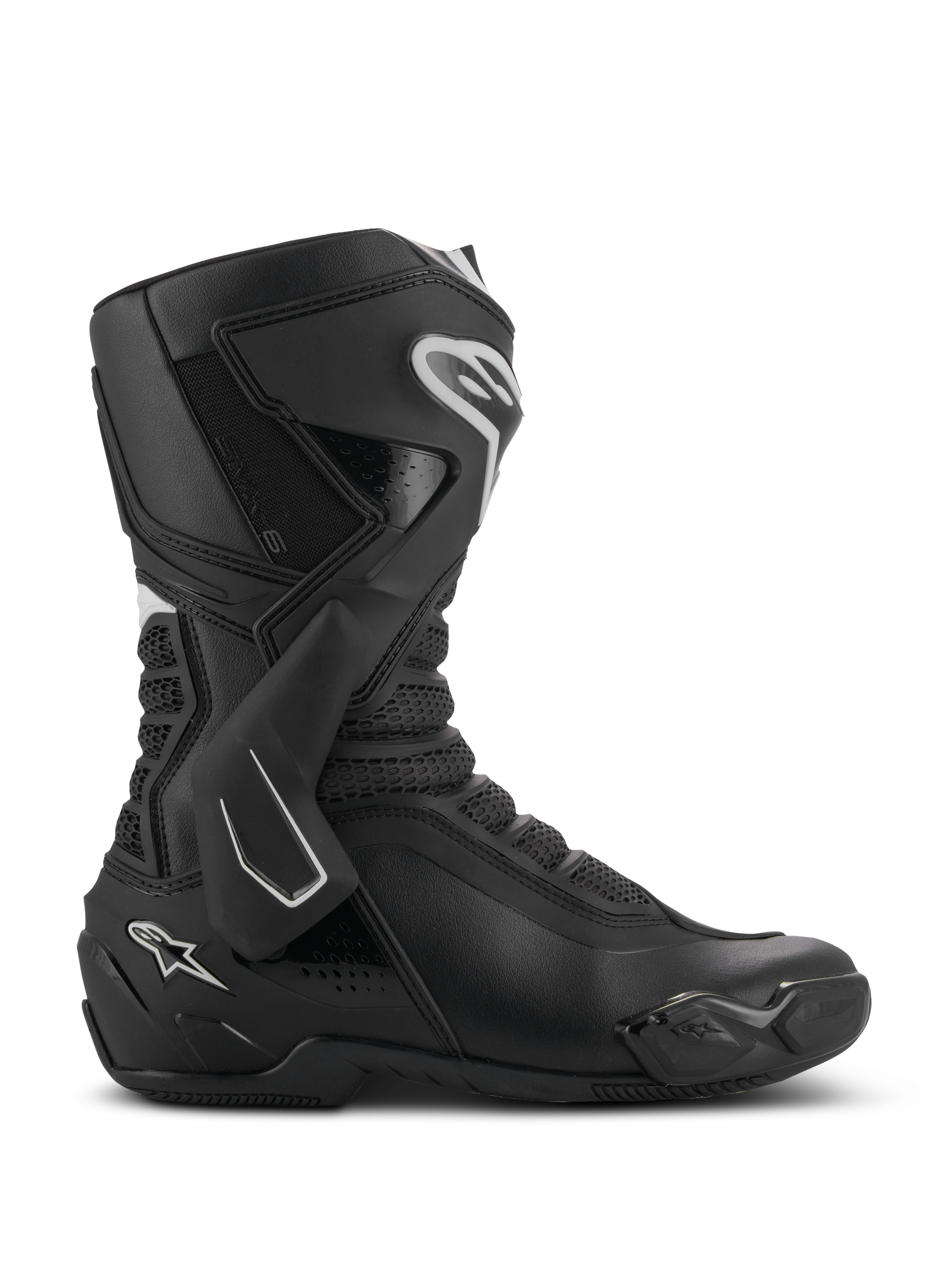 Alpinestars SMX-6 V3 Boots, Performance Motorcycle Riding Boots, Black with white accents, lateral profile view featuring a TPU ankle brace system, textured mesh flexion zones, and reinforced heel and toe components for track and street performance.