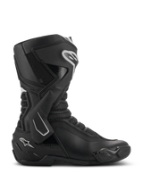 Alpinestars SMX-6 V3 Boots, Performance Motorcycle Riding Boots, Black with white accents, lateral profile view featuring a TPU ankle brace system, textured mesh flexion zones, and reinforced heel and toe components for track and street performance.