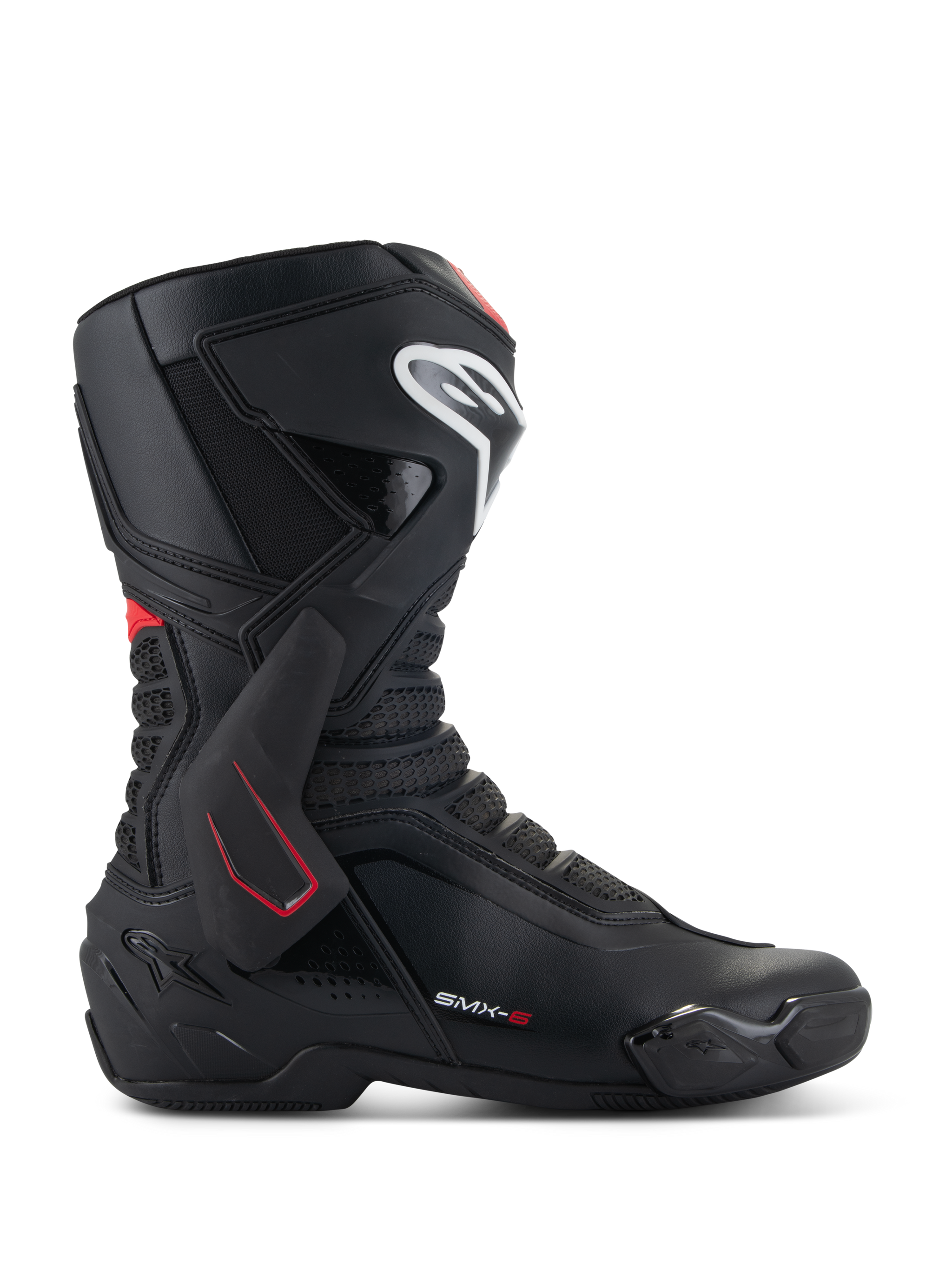 Alpinestars SMX-6 V3 Boots, Motorcycle Racing Boots, Black with White and Red accents, lateral side view featuring TPU ankle brace, white shin logo, and textured mesh flex zones, sporty aerodynamic design