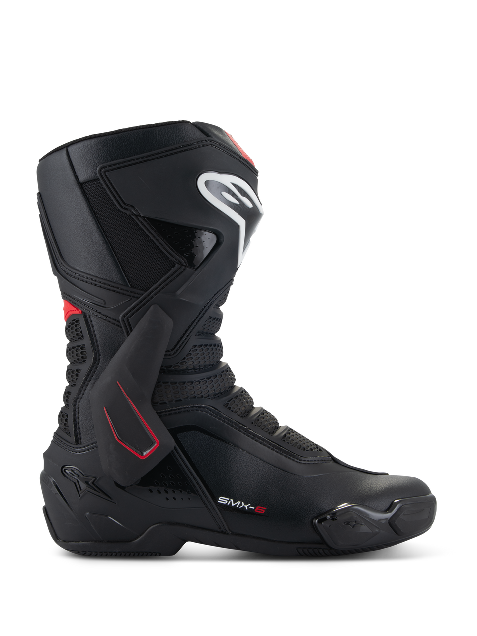 Alpinestars SMX-6 V3 Boots, Motorcycle Racing Boots, Black with White and Red accents, lateral side view featuring TPU ankle brace, white shin logo, and textured mesh flex zones, sporty aerodynamic design