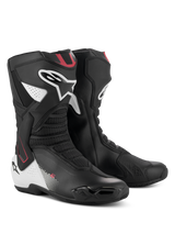 Alpinestars SMX-6 V3 Boots, Performance Motorcycle Riding Boots, Black White Red Graphic, featuring advanced microfiber upper, TPU ankle brace system, mesh flexion zones, and prominent Alpinestars branding on the calf and heel.