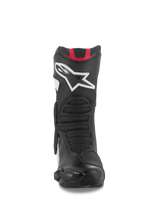 Alpinestars SMX-6 V3 Boots, Performance Riding Boots, Black White Red Graphic, front view featuring a large white Astar logo on the shin, red accents at the top, and mesh-textured flex zones for track and street riding.