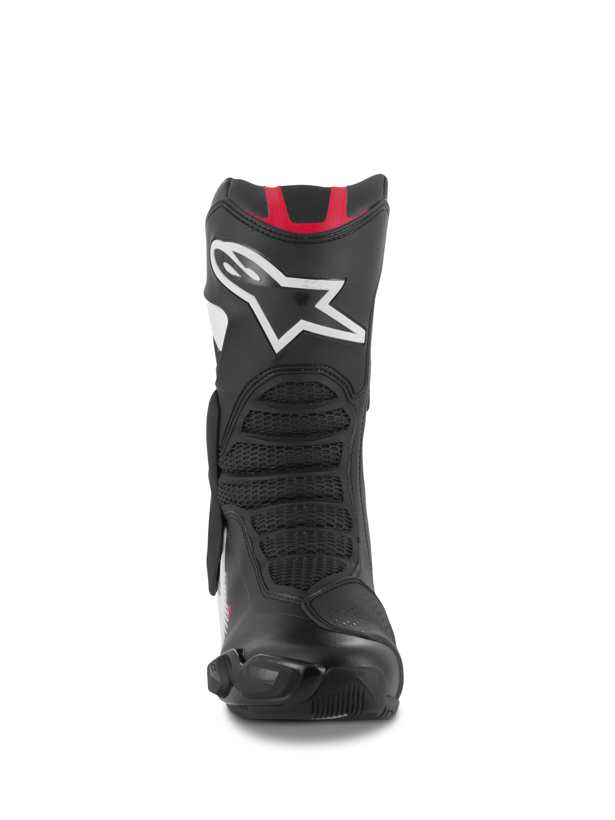 Alpinestars SMX-6 V3 Boots, Performance Riding Boots, Black White Red Graphic, front view featuring a large white Astar logo on the shin, red accents at the top, and mesh-textured flex zones for track and street riding.