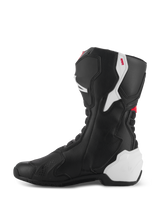 Alpinestars SMX-6 V3 Boots, Performance Riding Boots, Black White Red Graphic, medial side view, black microfiber construction with white TPU protective panels on the heel and calf, red accents, and flexible accordion zones for enhanced mobility and protection.