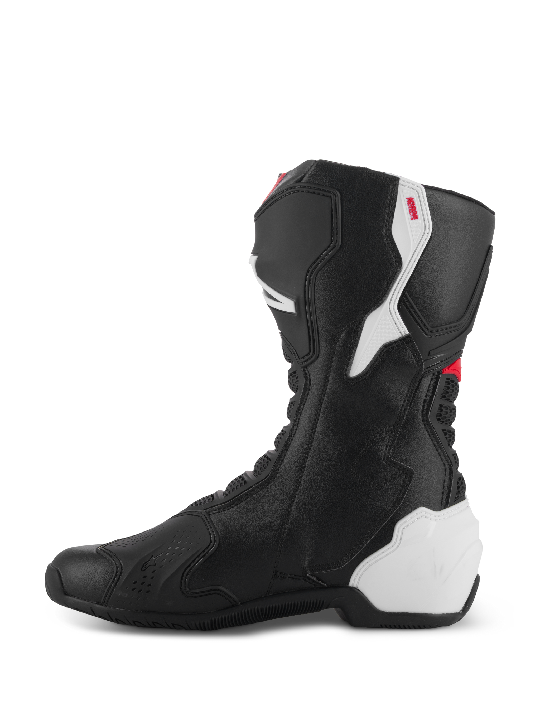 Alpinestars SMX-6 V3 Boots, Performance Riding Boots, Black White Red Graphic, medial side view, black microfiber construction with white TPU protective panels on the heel and calf, red accents, and flexible accordion zones for enhanced mobility and protection.