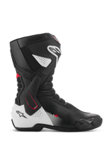 Alpinestars SMX-6 V3 Boots, Performance Motorcycle Racing Boots, Black White and Red, side profile featuring TPU lateral ankle brace, reinforced shin and heel protection, perforated mesh flex zones, and replaceable toe sliders for track and street riding
