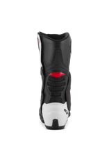 Alpinestars SMX-6 V3 Boots, Performance Riding Boots, Black White and Red Graphic, rear view featuring white TPU heel counter and red accents, designed for motorcycle track and street performance