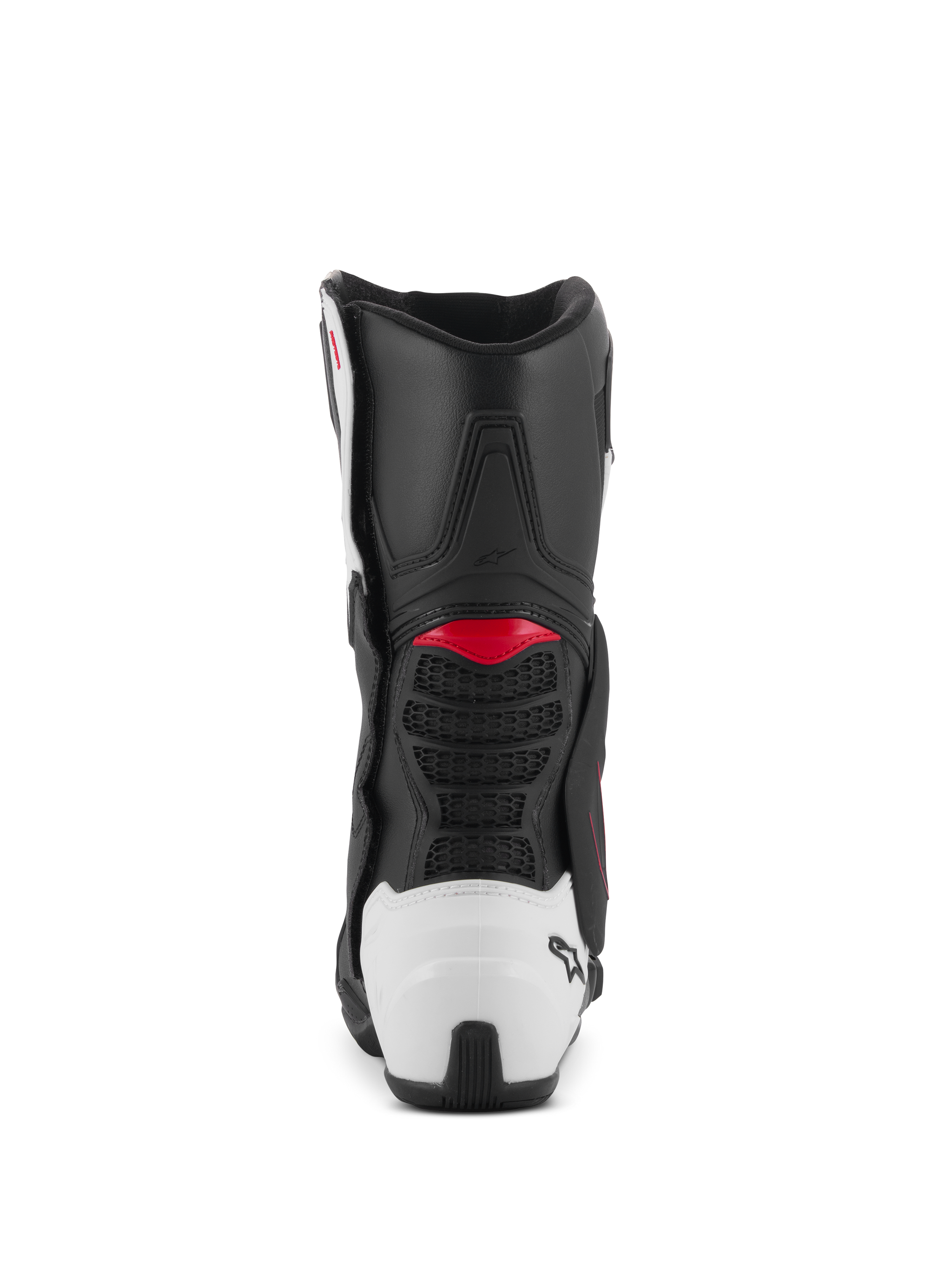 Alpinestars SMX-6 V3 Boots, Performance Riding Boots, Black White and Red Graphic, rear view featuring white TPU heel counter and red accents, designed for motorcycle track and street performance