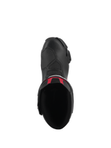 Alpinestars SMX-6 V3 Boots, performance riding boots, Black with Red accents, top-down view showing interior opening and upper microfiber shell, sleek ergonomic design for motorcycle racing