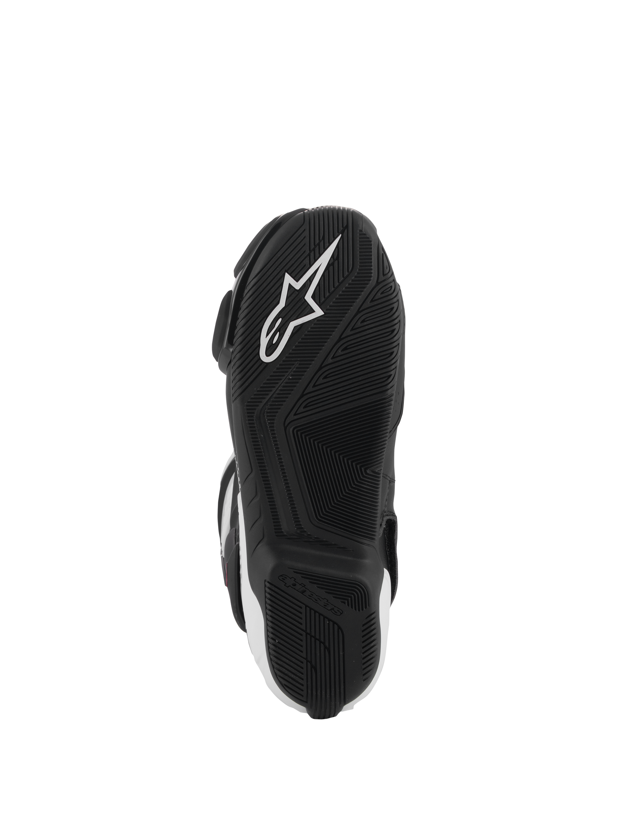 Alpinestars SMX-6 V3 Boots, bottom view of the sole, black rubber with textured grip pattern, featuring a white Alpinestars star logo, performance motorcycle footwear