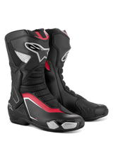 Alpinestars SMX-6 V3 Boots, Performance Motorcycle Boots, Black Silver and Red, featuring a sleek microfiber upper with TPU protection, red accents, and the Alpinestars logo on the lateral side.