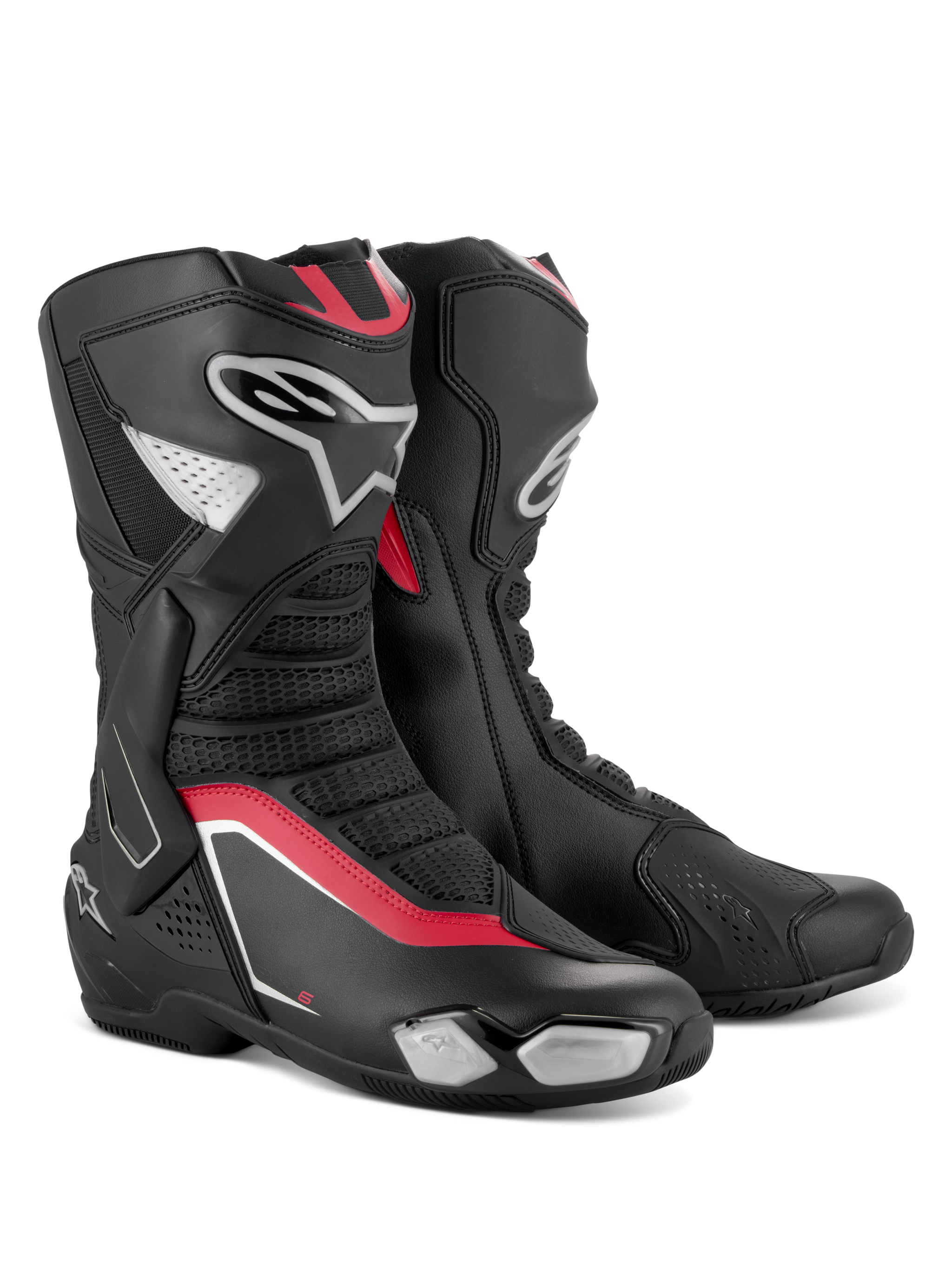 Alpinestars SMX-6 V3 Boots, Performance Motorcycle Boots, Black Silver and Red, featuring a sleek microfiber upper with TPU protection, red accents, and the Alpinestars logo on the lateral side.