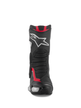 Alpinestars SMX-6 V3 Boots, Motorcycle Racing and Sport Boots, Black Silver and Red, front view featuring TPU shin plate with silver star logo, mesh flex panels, and performance microfiber construction
