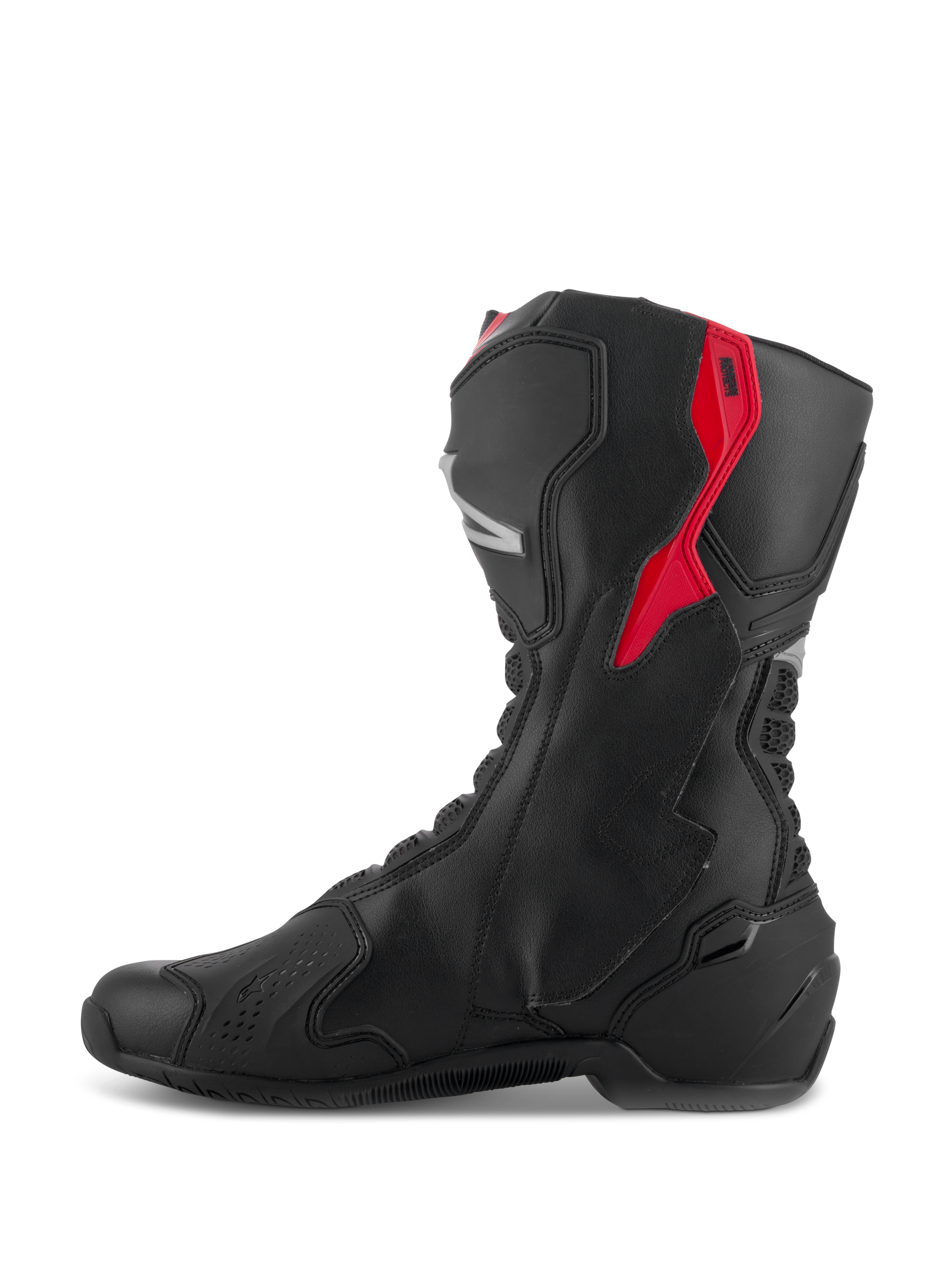 Alpinestars SMX-6 V3 Boots, Performance Riding Boots, Black with Red and Silver accents, side profile view showing microfiber construction and protective TPU panels, race-derived design for track and street performance