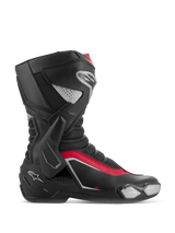 Alpinestars SMX-6 V3 Boots, Motorcycle Racing Boots, Black Silver and Red, side profile view showing TPU lateral ankle brace, replaceable toe slider, and mesh flex zones for track and street performance.