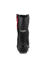 Alpinestars SMX-6 V3 Boots, Performance Riding Boots, Black Silver Red, Rear view showing the TPU calf protector, mesh flex zones, and heel reinforcement, high-performance protective footwear
