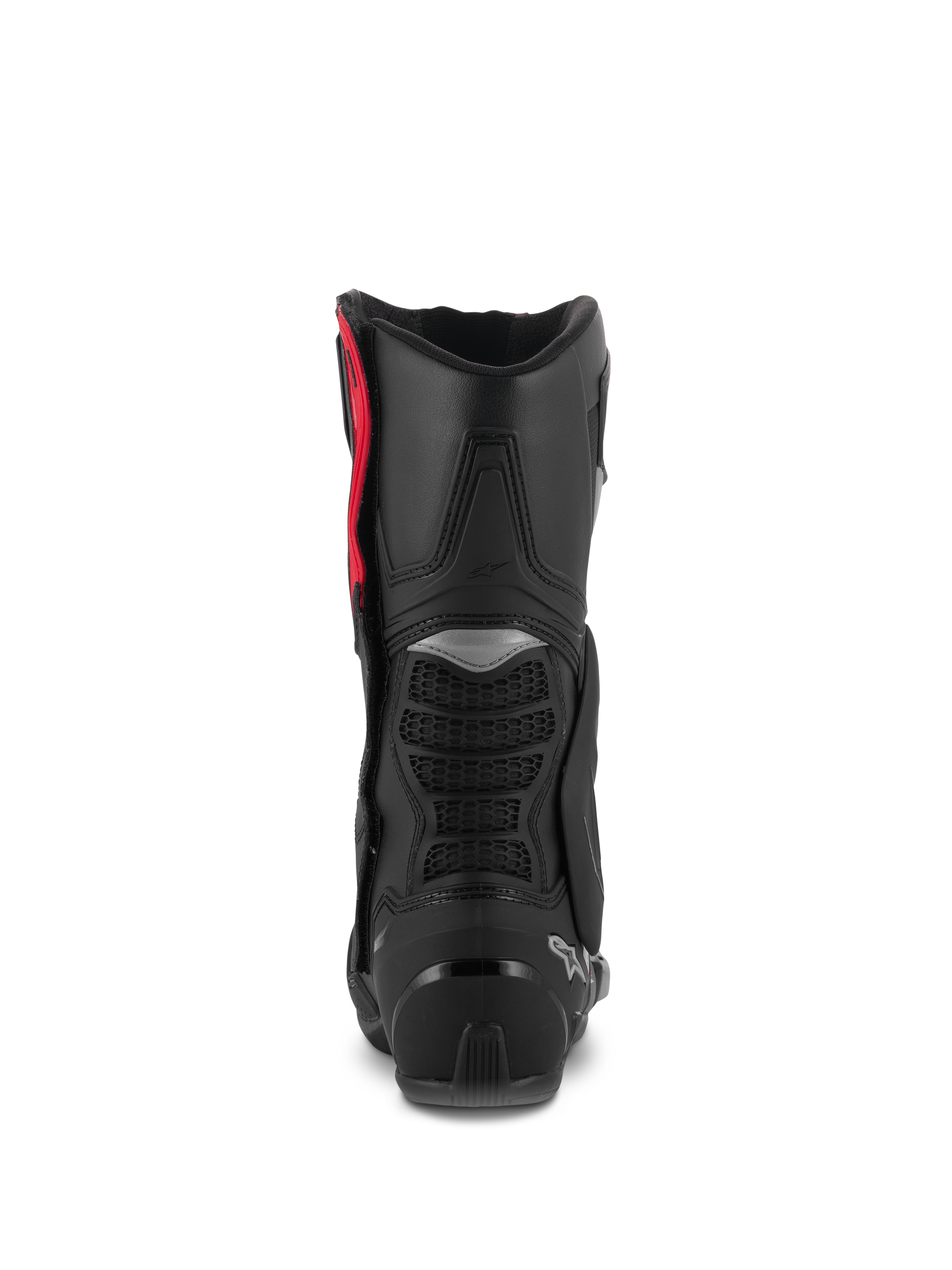 Alpinestars SMX-6 V3 Boots, Performance Riding Boots, Black Silver Red, Rear view showing the TPU calf protector, mesh flex zones, and heel reinforcement, high-performance protective footwear