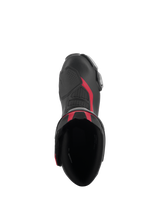Top-down view of Alpinestars SMX-6 V3 Boots in Black Silver Red, featuring the boot's opening, microfiber construction with red highlights, and integrated TPU shifter zone.