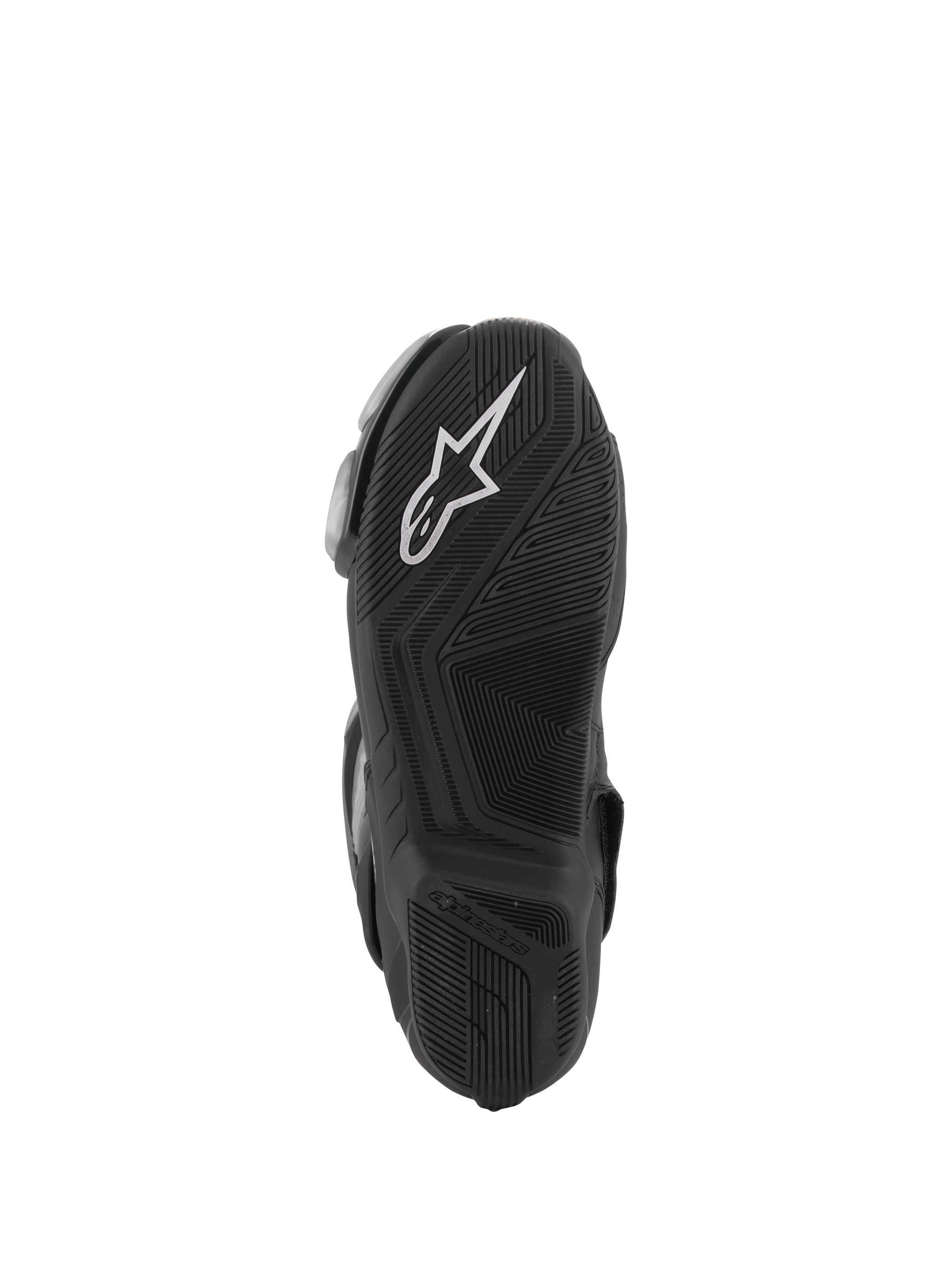 Alpinestars SMX-6 V3 Boots, Black, bottom sole view featuring a textured rubber outsole for grip, white Alpinestars logo on the heel, embossed branding, designed for track and street performance riding.