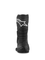 Alpinestars Stella SMX-6 V3 Boots, Women's Performance Riding Boots, Black with White Alpinestars logo, front view featuring TPU shin protector and flexible mesh zones, durable microfiber construction.