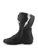 Alpinestars Stella SMX-6 V3 Boots, Women's Performance Riding Boots, Black and White, medial side view featuring ergonomic microfiber upper with TPU shin and ankle protection, flexible mesh zones, and streamlined design for track and street use