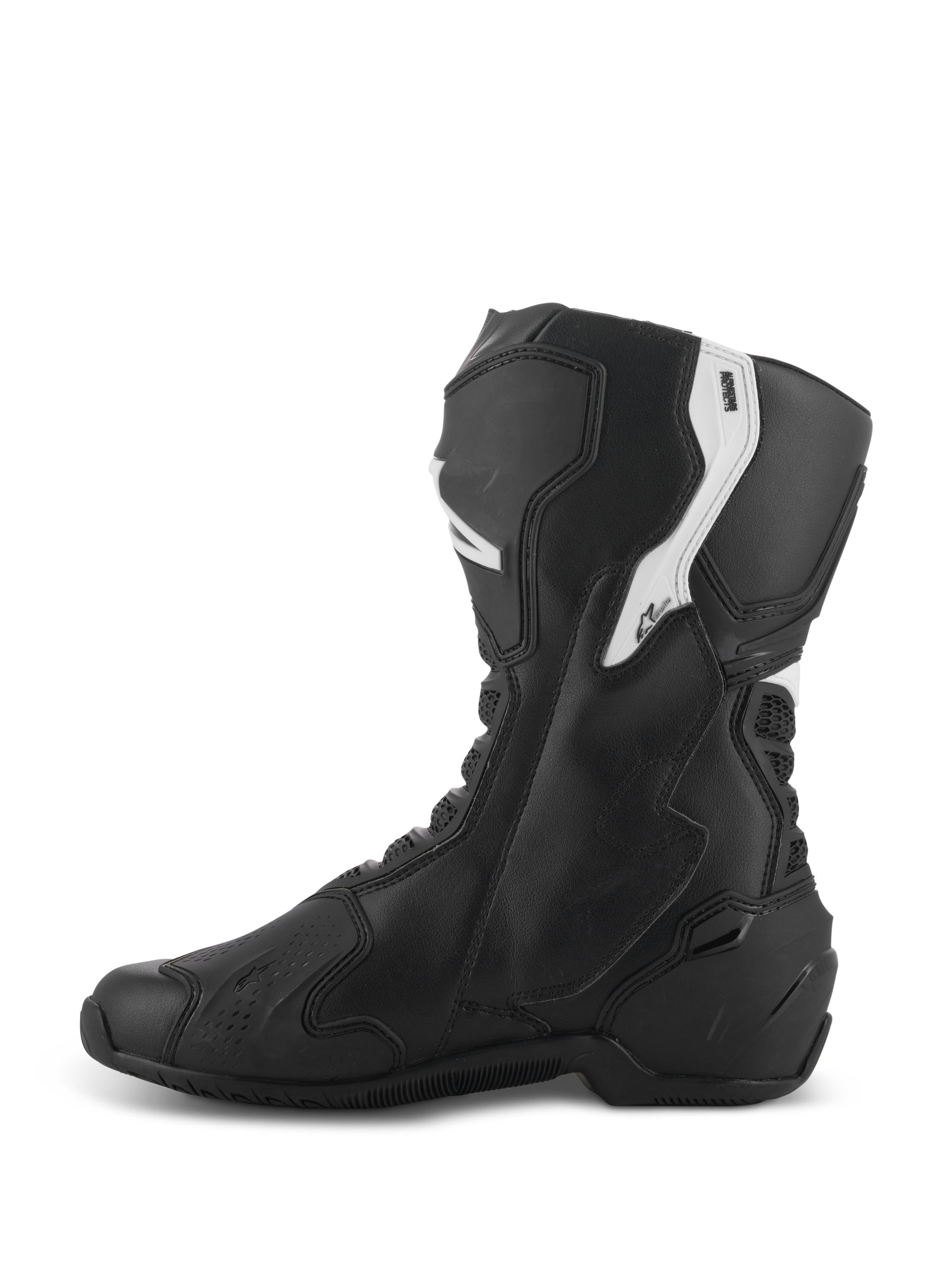 Alpinestars Stella SMX-6 V3 Boots, Women's Performance Riding Boots, Black and White, medial side view featuring ergonomic microfiber upper with TPU shin and ankle protection, flexible mesh zones, and streamlined design for track and street use