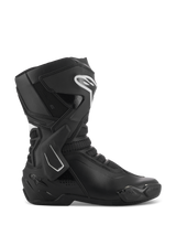 Alpinestars Stella SMX-6 V3 Boots, Women's Motorcycle Racing Boots, Black and White, side profile view featuring TPU ankle brace and shin protectors, breathable mesh panels, white Alpinestars logo on the front, engineered for track and street performance
