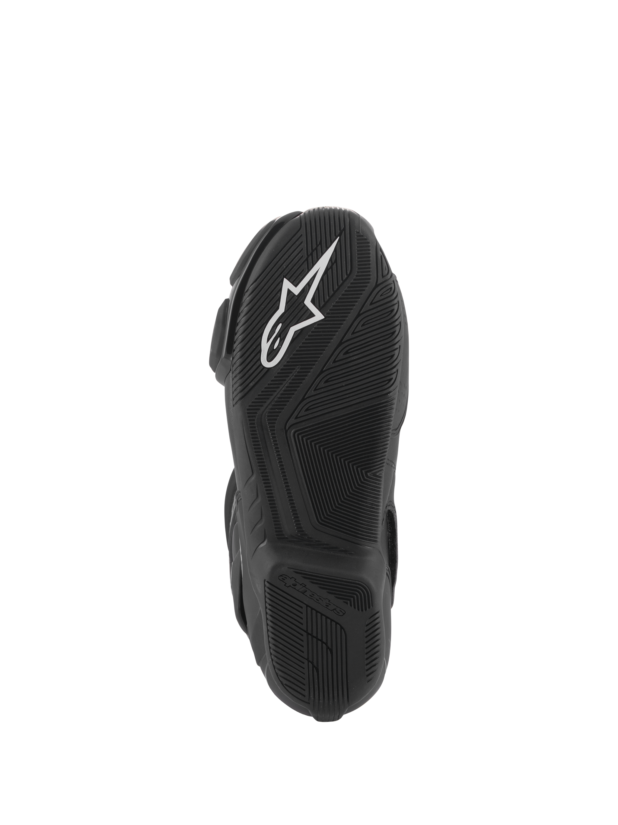 Alpinestars Stella SMX-6 V3 Boots, sole view, black lightweight rubber compound with textured grip, white Alpinestars logo, designed for track and street performance