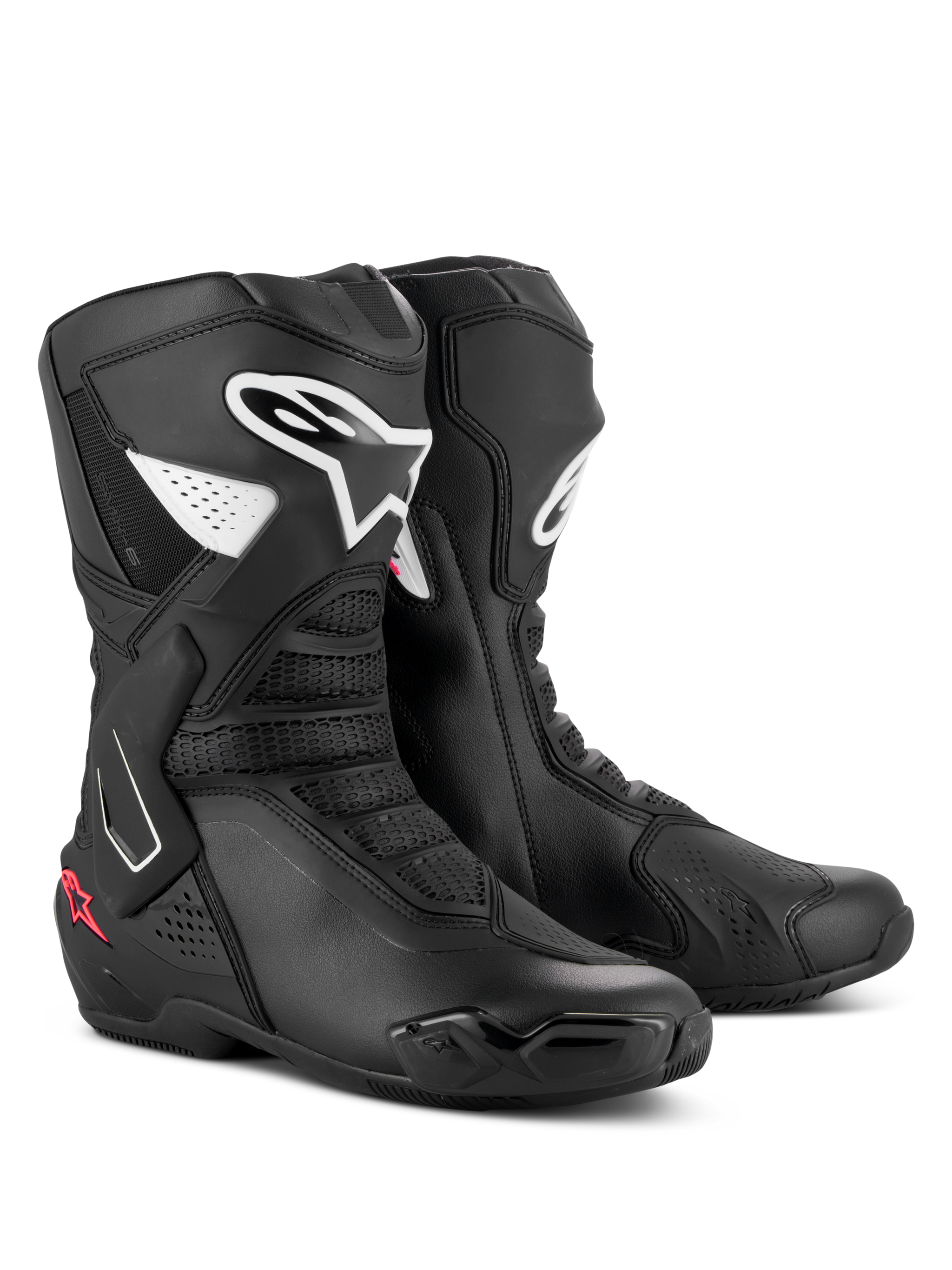 Alpinestars Stella SMX-6 V3 Boots, Women's Performance Riding Boots, Black White and Diva Pink, featuring white Alpinestars logos and pink star accents, sleek microfiber construction with TPU protectors for track and street performance