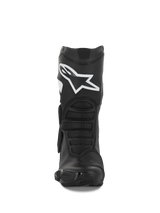 Alpinestars Stella SMX-6 V3 Boots, Women's Motorcycle Boots, Black and White, front-facing view showcasing the white Alpinestars logo on the shin, TPU protection, and ergonomic flex panels, engineered for track and street performance.