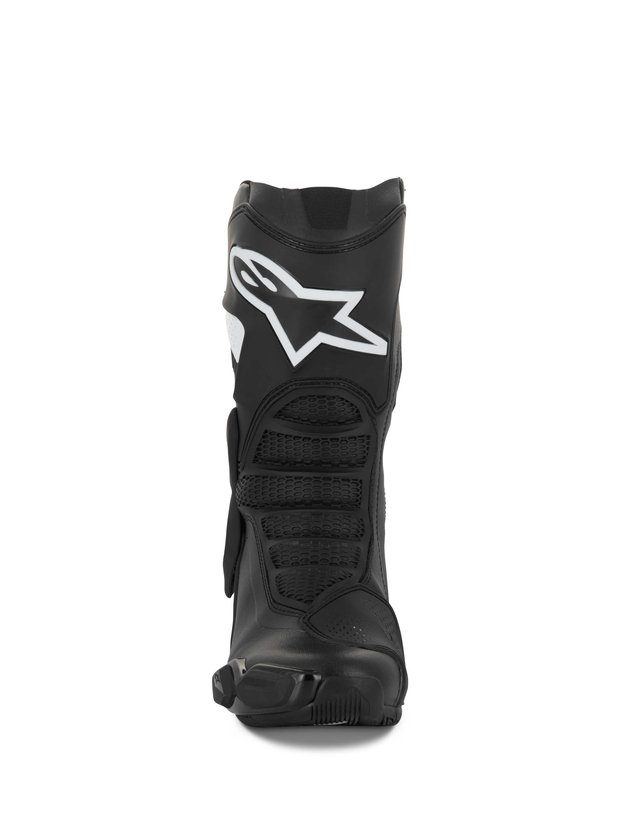 Alpinestars Stella SMX-6 V3 Boots, Women's Motorcycle Boots, Black and White, front-facing view showcasing the white Alpinestars logo on the shin, TPU protection, and ergonomic flex panels, engineered for track and street performance.