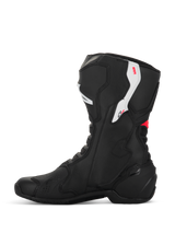 Alpinestars Stella SMX-6 V3 Boots, Women's Motorcycle Boots, Black White and Diva Pink, side profile view, featuring microfiber construction, TPU ankle and shin protection, and streamlined performance design for track and street riding.