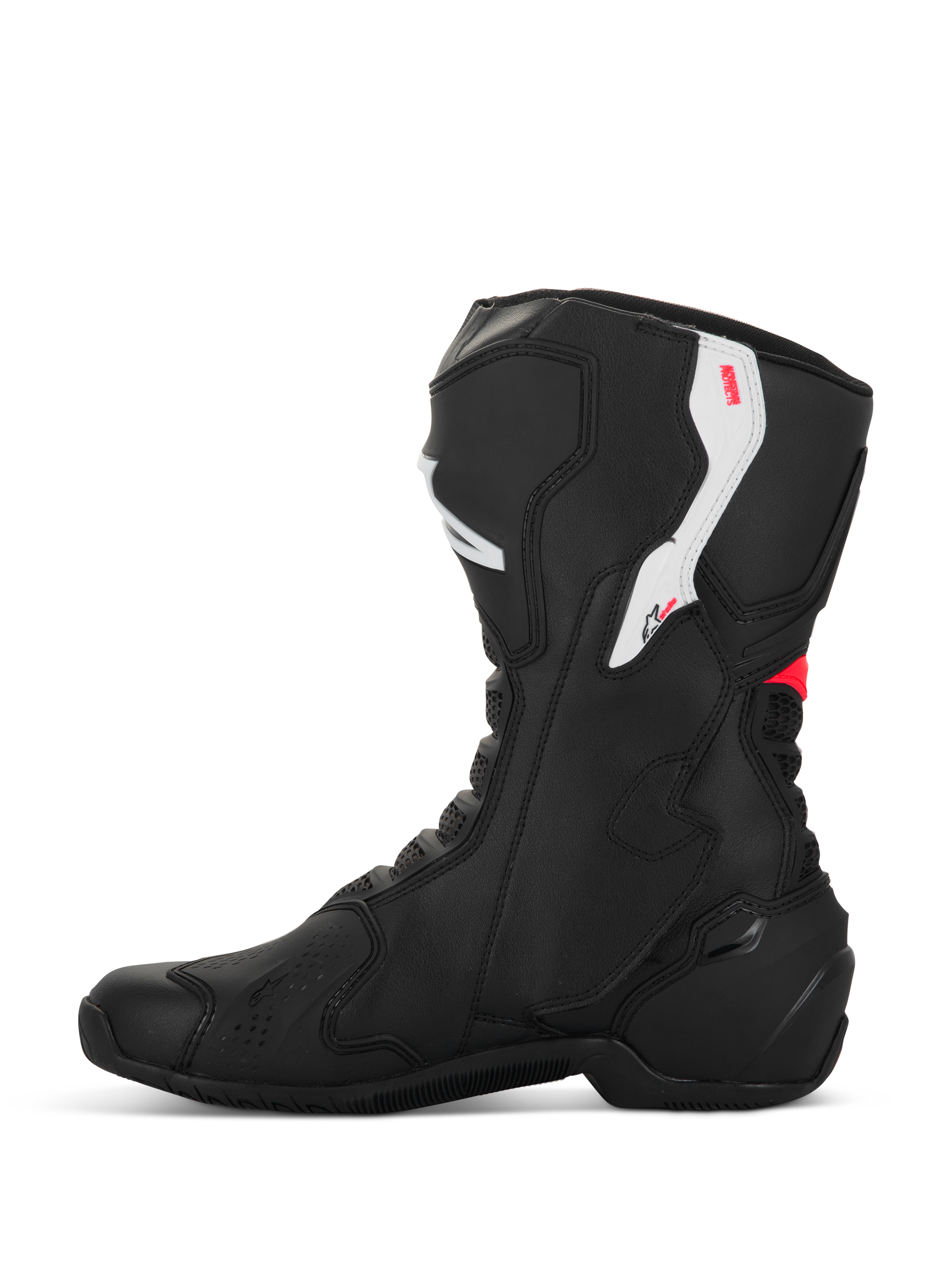 Alpinestars Stella SMX-6 V3 Boots, Women's Motorcycle Boots, Black White and Diva Pink, side profile view, featuring microfiber construction, TPU ankle and shin protection, and streamlined performance design for track and street riding.