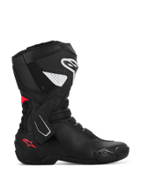 Alpinestars Stella SMX-6 V3 Boots, Women's Motorcycle Sport Boots, Black with White and Diva Pink accents, side profile featuring TPU shin and ankle protection, mesh flex panels, and performance microfiber construction for track and street.