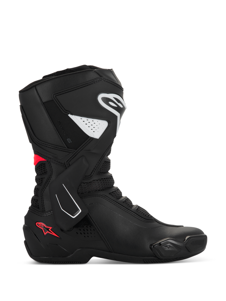Alpinestars Stella SMX-6 V3 Boots, Women's Motorcycle Sport Boots, Black with White and Diva Pink accents, side profile featuring TPU shin and ankle protection, mesh flex panels, and performance microfiber construction for track and street.