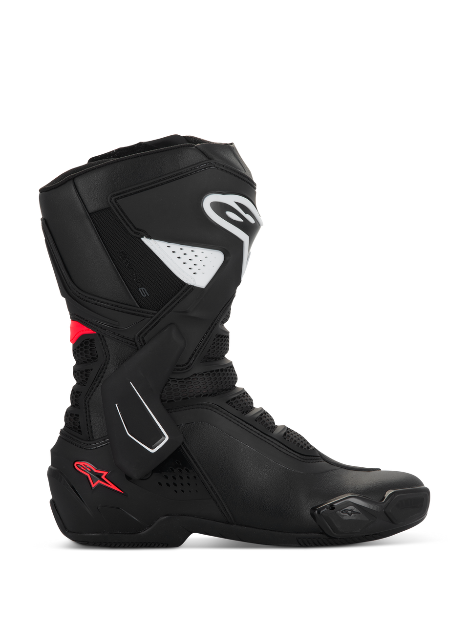 Alpinestars Stella SMX-6 V3 Boots, Women's Motorcycle Sport Boots, Black with White and Diva Pink accents, side profile featuring TPU shin and ankle protection, mesh flex panels, and performance microfiber construction for track and street.