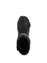 Alpinestars Stella SMX-6 V3 Boots, Women's Racing and Sport Motorcycle Boots, Black and White, top-down view showing the entry opening and streamlined toe box, durable microfiber construction.